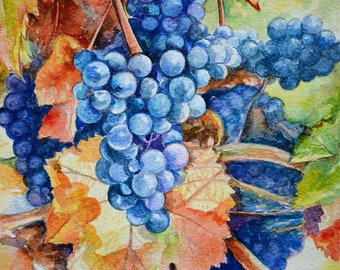 Grapes Painting, Original Watercolour Artwork, Grape Art, Grapes Wall Art