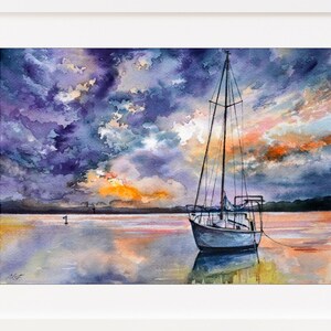 May include: A watercolor painting of a sailboat anchored in a calm body of water at sunset. The sky is a mix of purple, orange, and pink clouds. The water reflects the colors of the sky.