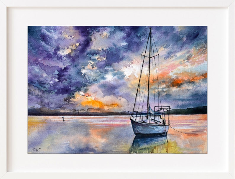 May include: A watercolor painting of a sailboat anchored in a calm body of water at sunset. The sky is a mix of purple, orange, and pink clouds. The water reflects the colors of the sky.
