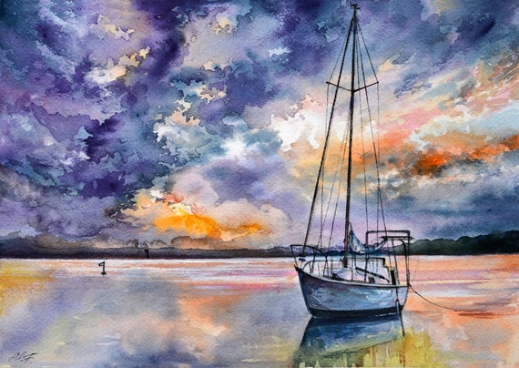 Sunset Seascape with Sailboat, Ocean Artwork, Yacht Wall Art, Sailing Watercolour Painting, Custom Artwork