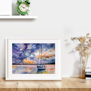 May include: A watercolor painting of a sailboat on a calm body of water with a dramatic cloudy sky. The sky is a mix of purple, blue, and orange hues. The sailboat is white with a brown mast and sails. The water is a reflective blue with hints of orange and purple.