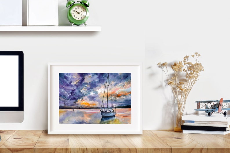 May include: A watercolor painting of a sailboat on a calm body of water with a dramatic cloudy sky. The sky is a mix of purple, blue, and orange hues. The sailboat is white with a brown mast and sails. The water is a reflective blue with hints of orange and purple.