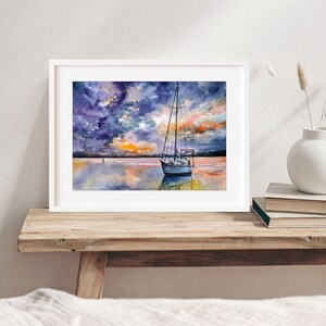 May include: A watercolor painting of a sailboat anchored in a calm body of water at sunset. The sky is a mix of purple, blue, and orange with clouds reflecting in the water.