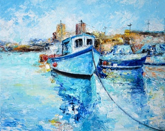 Harbour Boats Oil Painting, Impasto Artwork, Nautical Wall Art, Original Sailboat  Painting