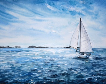 Custom Ocean Watercolour Painting of Yacht Seascape Wall Art