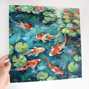 Original Impasto Oil Painting of Koi Fish in Water Lilies Pond Art - Etsy
