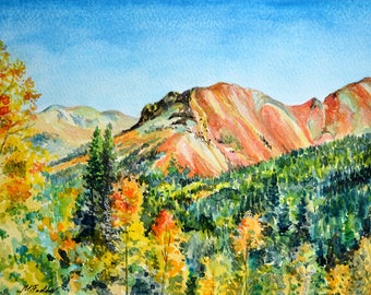 Pintura original en acuarela de las Montañas Rojas de Colorado, paisaje otoñal para pared.
