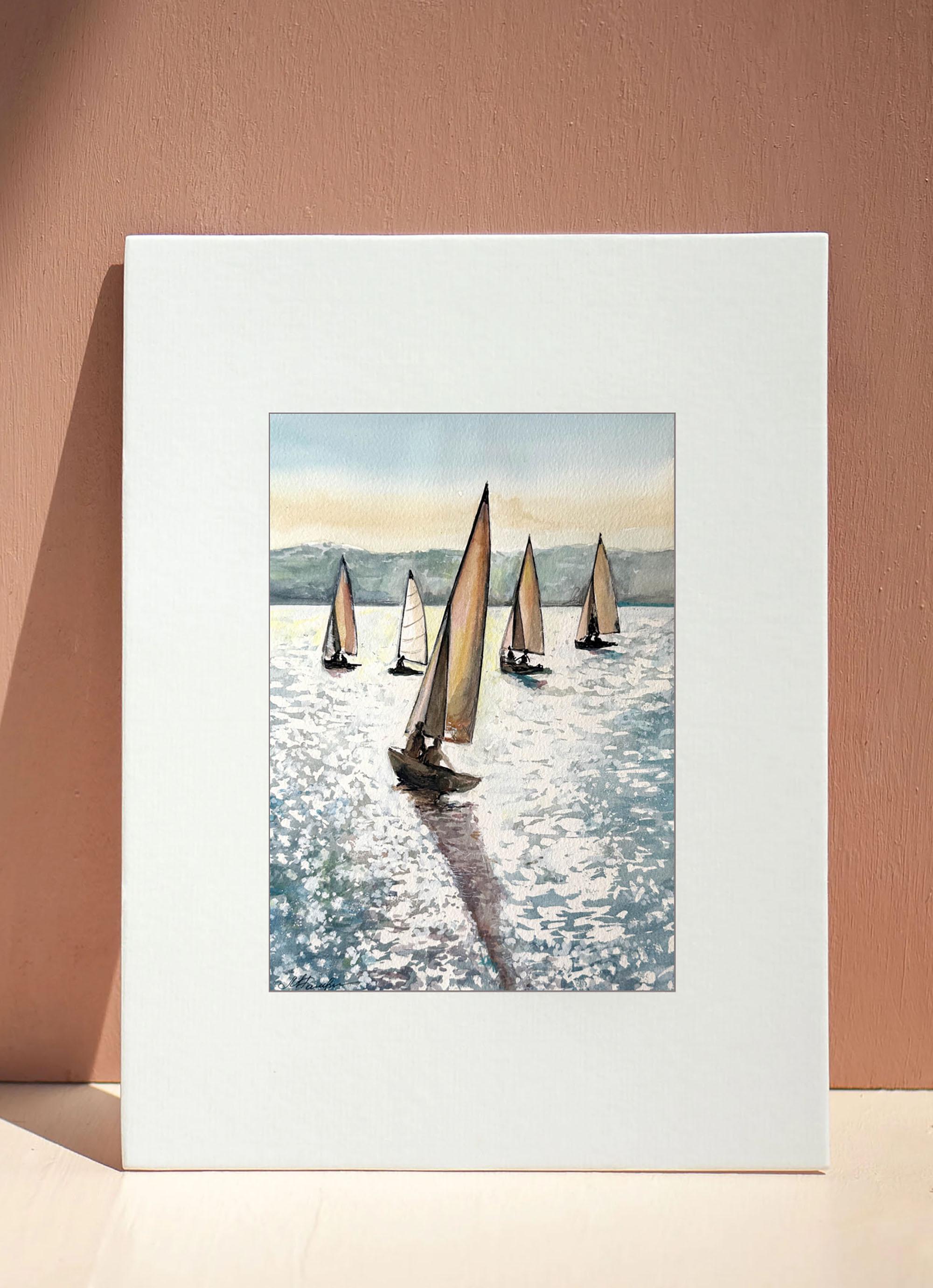 海景を描いたオリジナル水彩画、ヨットのアート作品、ヨットの壁掛け