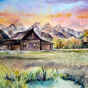 Grand Teton National Park Aquarell Berglandschaft Wandkunst