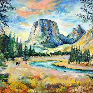 Wyoming Squaretop Mountain Impasto Oil Painting, Unique Wall Art Decor