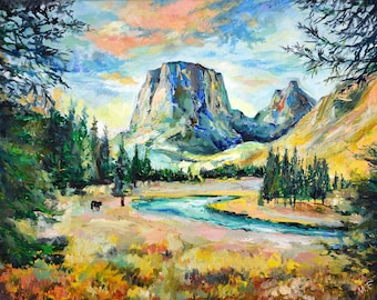 Pintura al óleo empastada de montaña en la cima de Wyoming Square, arte mural único