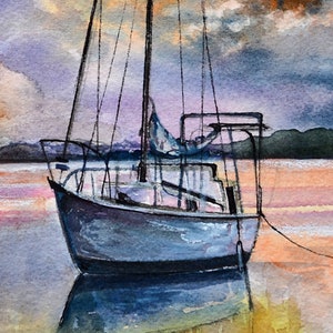 May include: A watercolor painting of a sailboat docked at a pier. The sky is a mix of orange, purple, and gray, with clouds. The water is a light blue with a reflection of the boat.