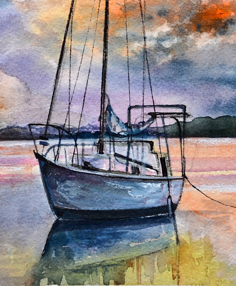 May include: A watercolor painting of a sailboat docked at a pier. The sky is a mix of orange, purple, and gray, with clouds. The water is a light blue with a reflection of the boat.