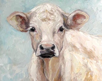 Portret białej krowy, oryginalny obraz olejny w stylu impasto, dekoracja ścienna ze zwierzętami wiejskimi, rustykalny wystrój o teksturze