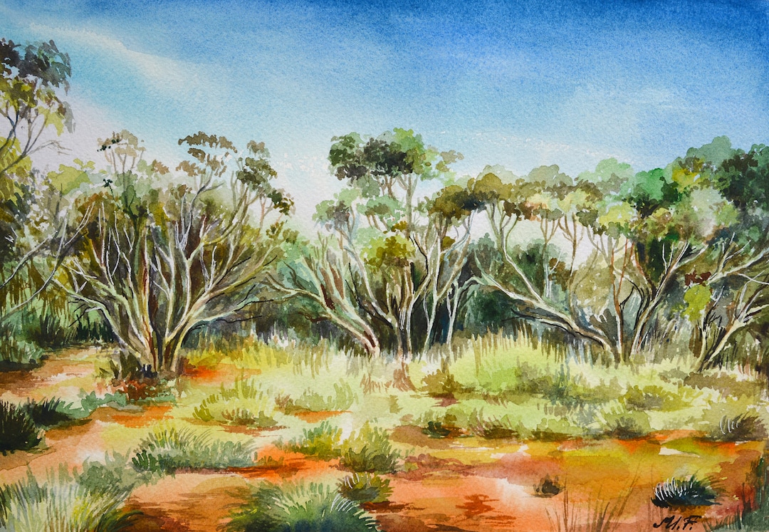 Australian Outback Watercolor Landscape Painting, Bush Wall Art