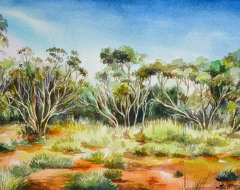 Australian Outback Watercolor Landscape Painting, Bush Wall Art 8x12"
