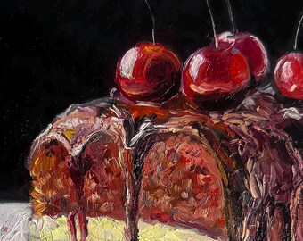 ブラックフォレストケーキの油絵、オリジナルのインパストデザート