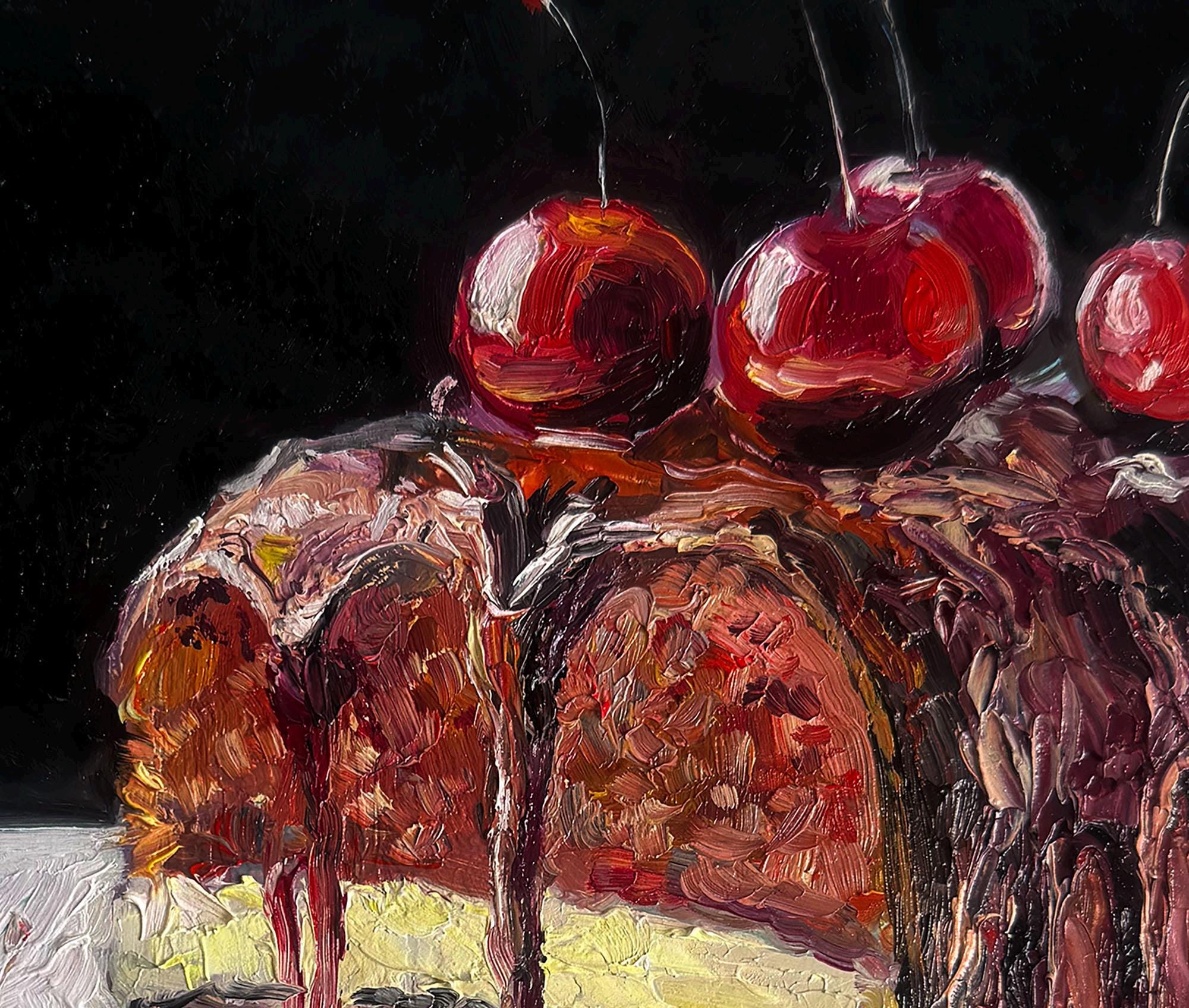 画家　手描きの油絵「チェリー」 ブラックフォレストケーキの油絵、オリジナルのインパストデザート