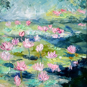 Custom Lotus Pond Impasto Painting, Original Oil Water Lilies Art