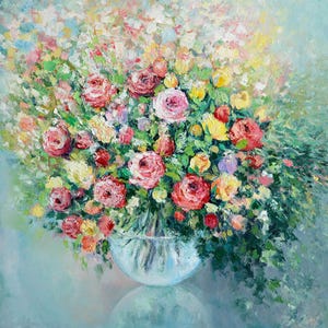 Impasto Roses Oil Painting, Colorful Abstract Floral Wall Art, 24x24"