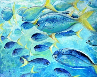Fish Stream Painting Fish Painting Blue Water Painting Underwater Painting Fish Wall Art
