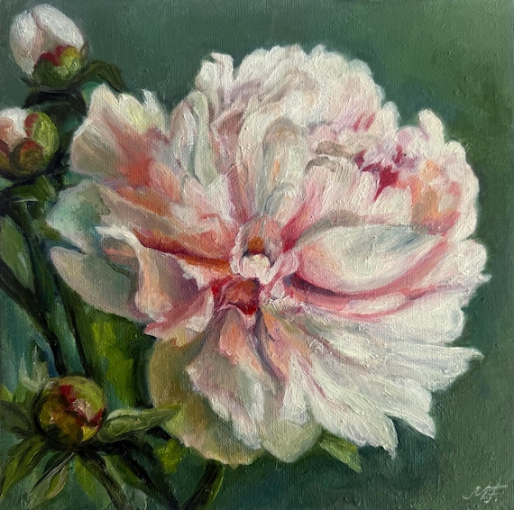 絵画 油絵　牡丹 牡丹の油絵、オリジナルの花の静物画、8 x 8インチ - Etsy 日本