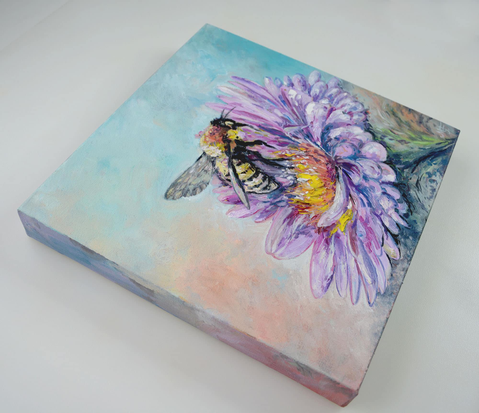 Honey Bee Oil Painting, Impasto Art on Flower, 12x12” Wall Decor - Etsy