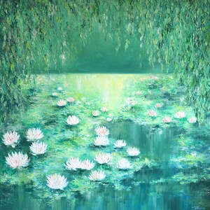 Original Tranquil Water Lilies Impasto Oil Painting, Lotus Pond Wall Art, Sage Green Painting