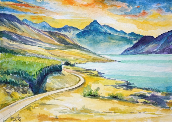 New Zealand Watercolour Painting, Mountain Landscape Artwork for Home Decor