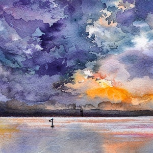 May include: Watercolor painting of a sunset over a body of water. The sky is a mix of purple, blue, and orange, with clouds reflecting in the water. There are two small black buoys in the water.