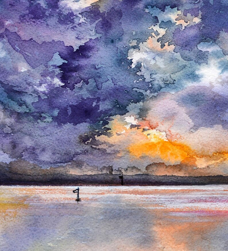 May include: Watercolor painting of a sunset over a body of water. The sky is a mix of purple, blue, and orange, with clouds reflecting in the water. There are two small black buoys in the water.