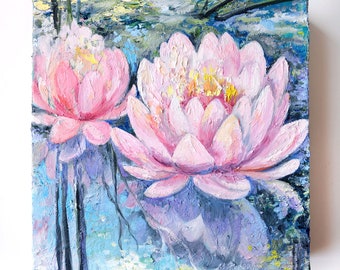 May include: A painting of two pink water lilies with yellow centers, set against a blue and green background. The lilies are in focus, while the background is blurred.