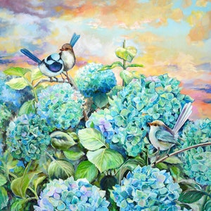 Hydrangea Painting, Floral Oil Artwork, Bird Artwork, Wren Painting