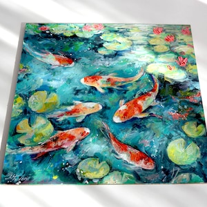 Original Impasto Oil Painting of Koi Fish in Water Lilies Pond Art - Etsy