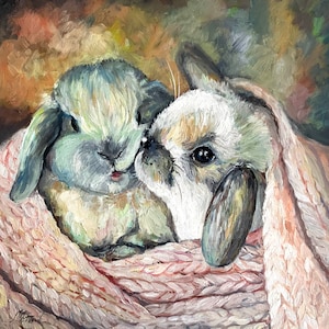 Pintura original de coelho em óleo sobre cartão duro - Arte rústica de coelho por Marina Fadeev