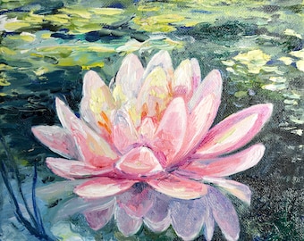 May include: A pink water lily with delicate petals floats on a green pond. The lily is in focus, while the pond is blurred in the background.