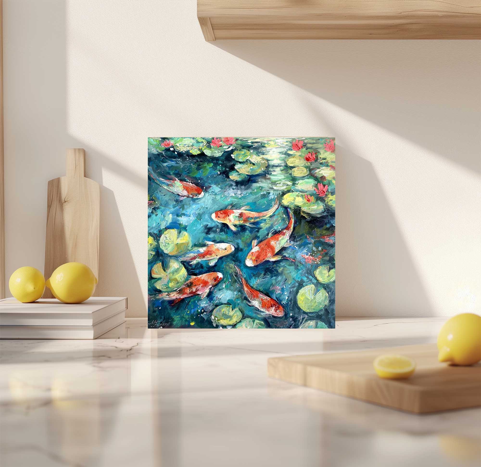 Original Impasto Oil Painting of Koi Fish in Water Lilies Pond Art - Etsy