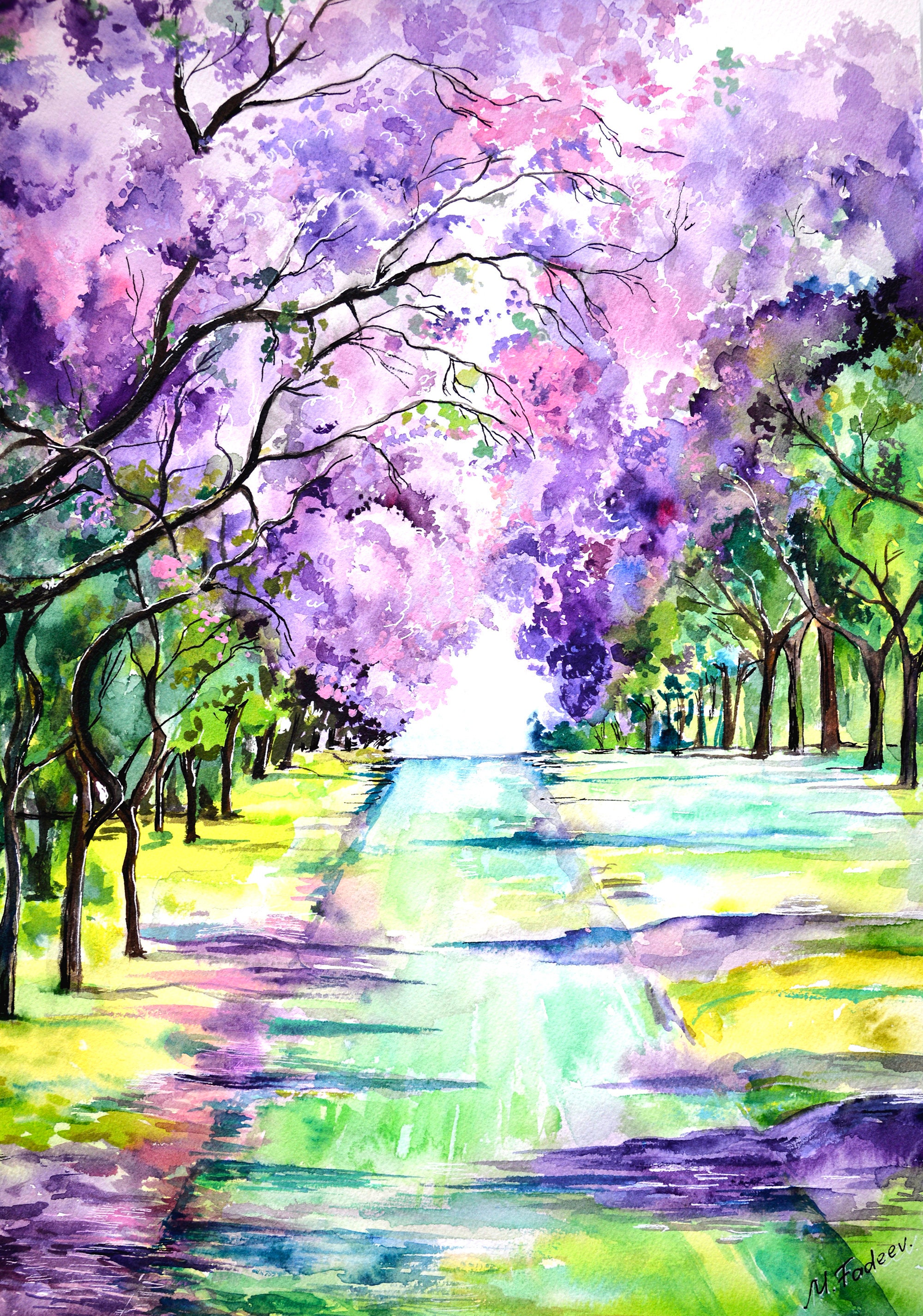 絵画 side Jacaranda Alley Sydney Watercolor Print From Original Purple Trees