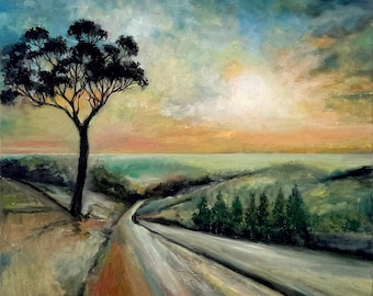 Paisaje rural vespertino, pintura al óleo original, arte mural de paisaje australiano
