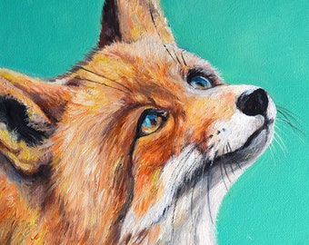 Original Fox Oil Painting on Green Canvas, Impasto Animal Wall Art Portrait