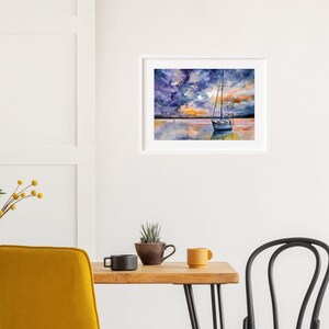 May include: A watercolor painting of a sailboat anchored in a calm body of water. The sky is a mix of purple, blue, and orange hues, creating a dramatic sunset effect.