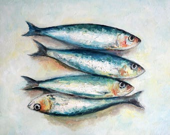 Sardines Oil Painting, Textured Impasto Kitchen Wall Art