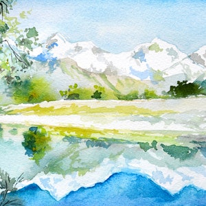 ニュージーランドの水彩風景画、オリジナルの山のアートワーク、ユニークな壁アート