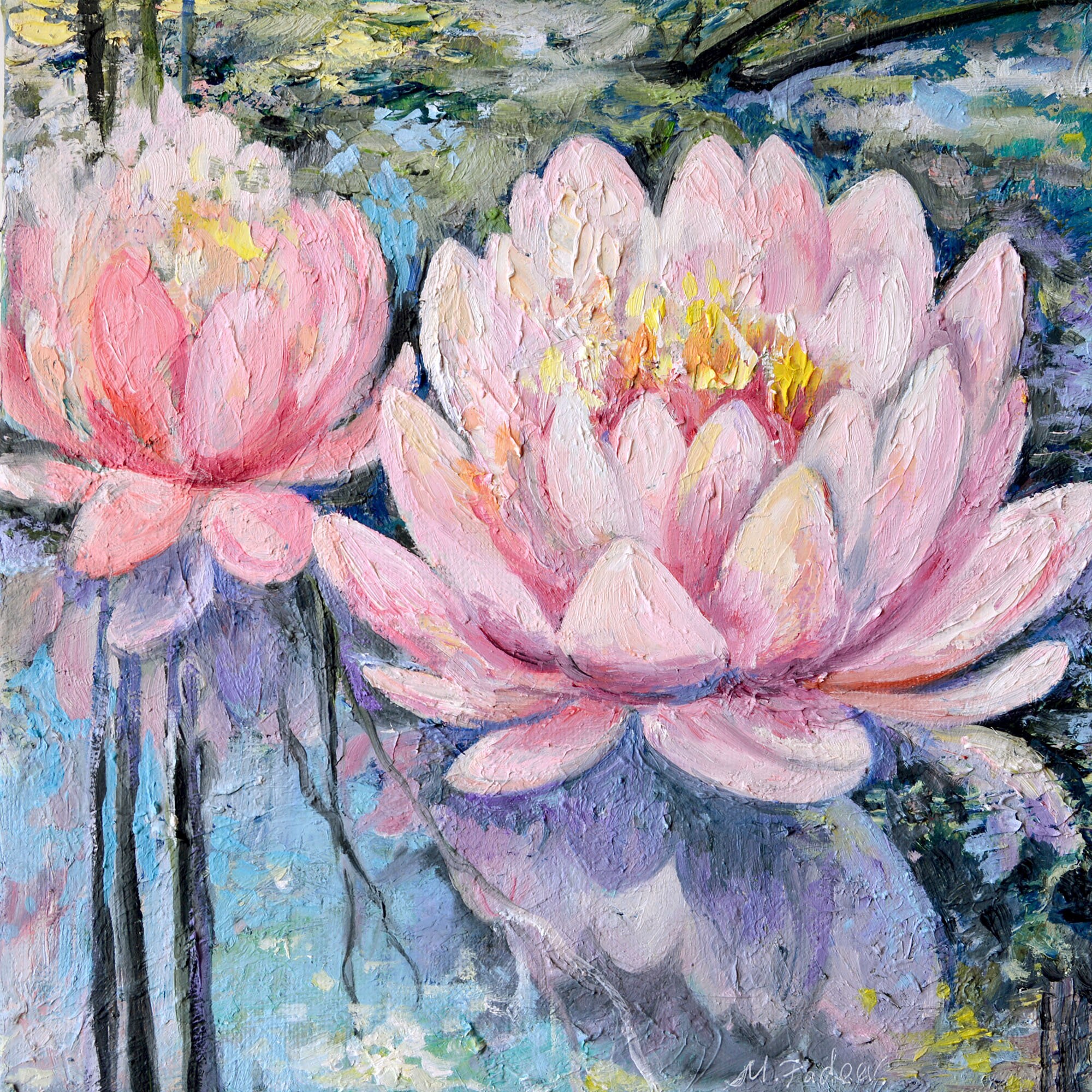 睡蓮の油絵、キャンバスに描かれた蓮の花のアート - Etsy 日本