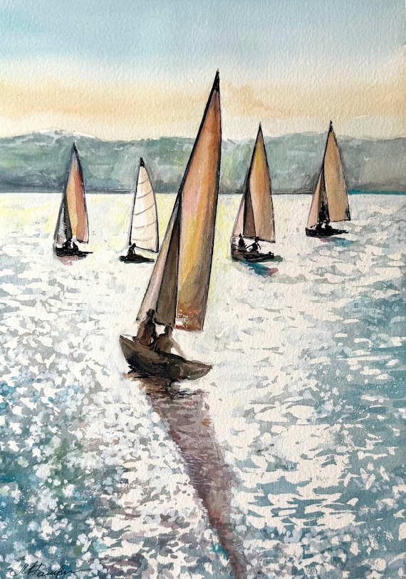 海景を描いたオリジナル水彩画、ヨットのアート作品、ヨットの壁掛け