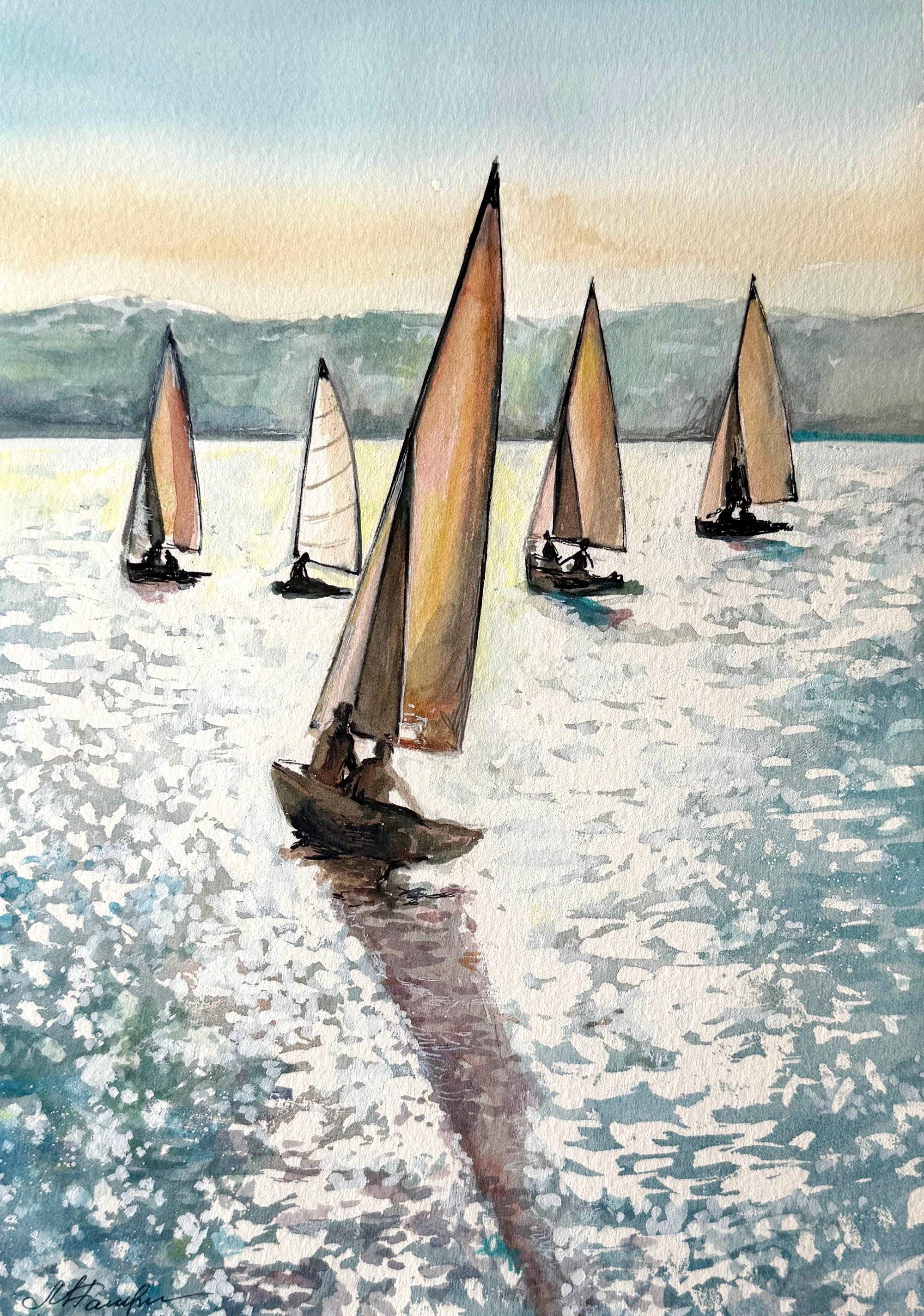 海景を描いたオリジナル水彩画、ヨットのアート作品、ヨットの壁掛け