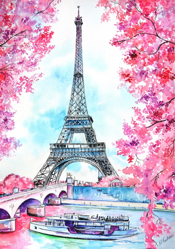 Paris Eiffel Tower Print of Original Watercolour Painting Cherry Blossom Art  French Wall Art. - Etsy
