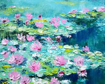 睡蓮の油絵：モネの池の絵、花の壁飾り（8x12） - Etsy 日本