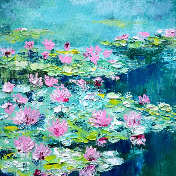 Benutzerdefinierte Lilien Teich Gemälde, Seerosen Öl Kunstwerk, pastosen Ölgemälde, Wandkunst 10 "x 20" von Marina Fadeev