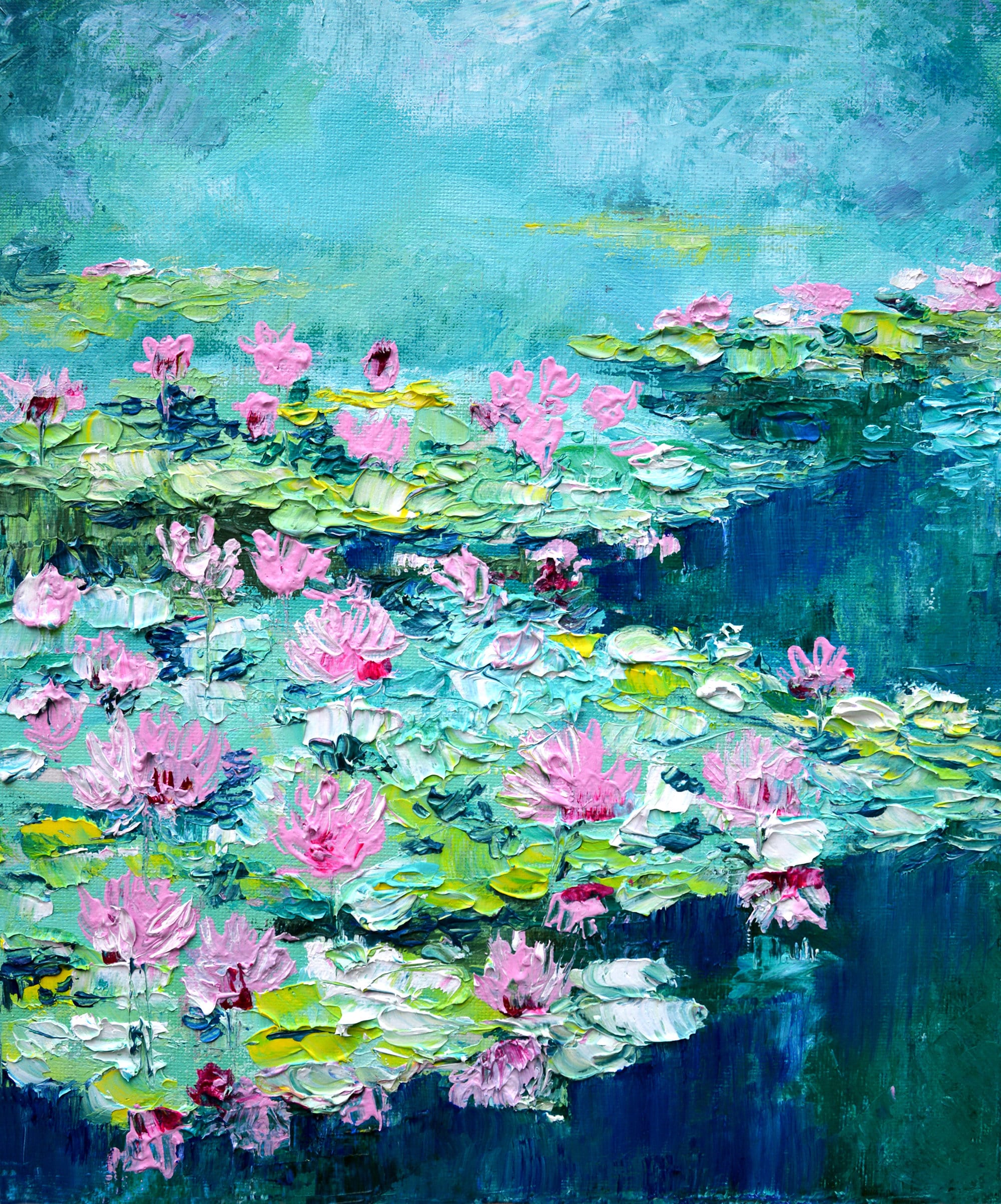 手描きの睡蓮の池のアートワーク、モネの絵画をベースにした10x8インチ